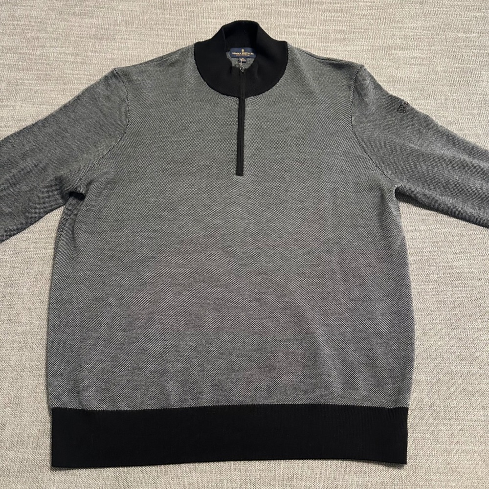 Brooks Brothers Sweater Mens XL Grey Black Merino Wool Quarter Zip Pullover